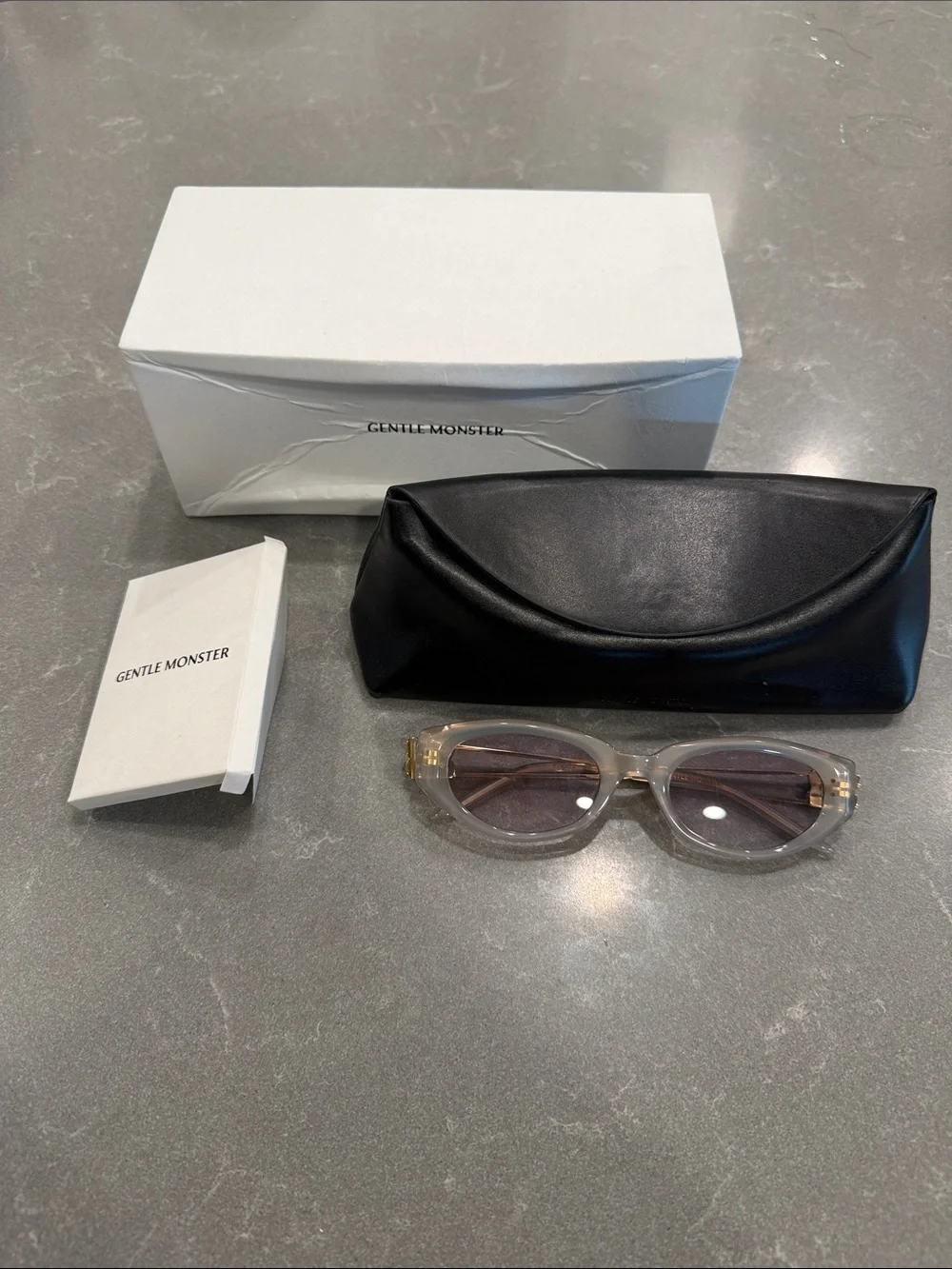 GENTLE MONSTER Clear Frame Sunglasses with Brown Lenses and Black Case